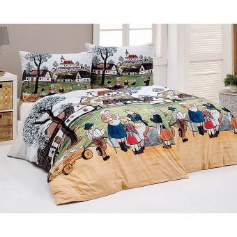 Povlečení Matějovský JOSEF LADA JARO NA VSI, zeleno-béžové, bavlna hladká digitál, 140x200cm + 70x90cm