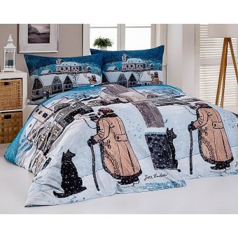 Povlečení Matějovský JOSEF LADA PONOCNÝ SE PSEM, bílo-modré, bavlna hladká digitál, 140x200cm + 70x90cm