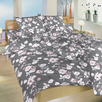 Povlečení KVÍTÍ NA ŠEDÉM, růžové květy, krep, 140x200cm + 70x90cm