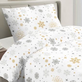 Povlečení MAGIC WHITE, vánoční motiv, zlaté a šedé vločky na bílé, mikroflanel, 140x200cm + 70x90cm