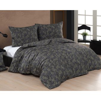 Povlečení Matějovský ELEGANCE, listy, béžovo-tmavě šedé, bavlněný MAKO satén, 140x200cm + 70x90cm