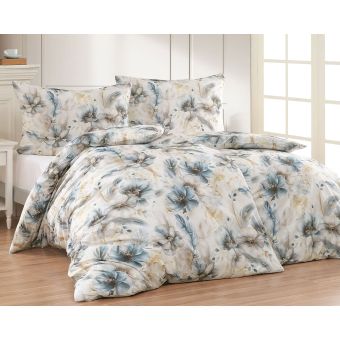 Povlečení Matějovský LOWELL, modré a béžové květy, bavlněný MAKO satén, 140x200cm + 70x90cm