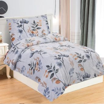 Povlečení GRETA, šedé a hnědé listy na světle šedé / bílé, mikroflanel, 140x200cm + 70x90cm