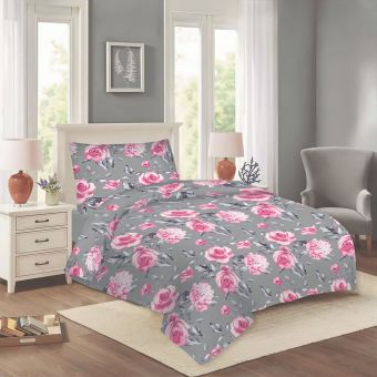 Povlečení NELA 31 DANA, růžové růže na šedé, bavlna hladká, 140x200cm + 70x90cm 