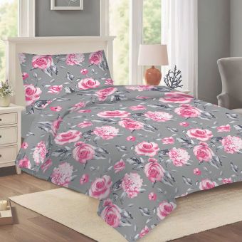 Povlečení NELA 31 DANA, růžové růže na šedé, bavlna hladká, 140x200cm + 70x90cm 