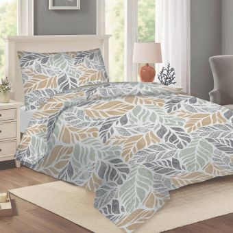 Povlečení NELA 34 SÁRA, šedo-béžové listy, bavlna hladká, 140x200cm + 70x90cm 