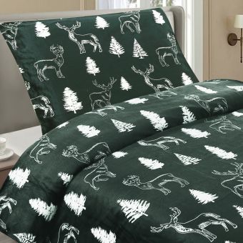Povlečení RENÉ, jeleni a stromy na tmavě zelené, mikroflanel, 140x200cm + 70x90cm