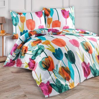 Povlečení TULIPI, barevné tulipány, bavlněný satén, 140x200cm + 70x90cm