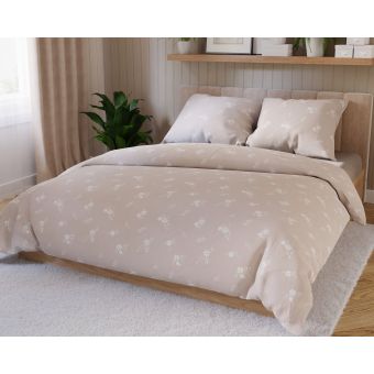 Povlečení VELORA, bílé květy, béžové, bavlněný satén, 140x200cm + 70x90cm