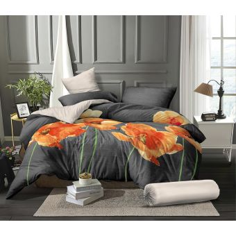 Povlečení VLČÍ MÁKY mikroflanel, červenooranžová-šedá 140x200cm + 70x90cm