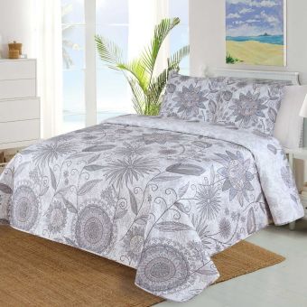 Přehoz na postel PRADO šedý, květinový vzor, 220x240cm, dvoulůžkový + 2x povlak 45 x 45cm