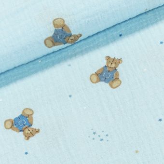 Šatovka / mušelín dětská fáčovina MEDVÍDEK NA MODRÉ, š.135cm (látka v metráži)