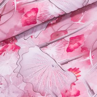 Šatovka / polyesterové hedvábí EXTRA TISK 7100/09, ginko na růžové, š.150cm (látka v metráži)