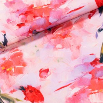 Šatovka viskózová B0148, malované (vodové) květy na meruňkové, š.140cm (látka v metráži)
