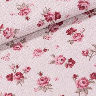 Směsové plátno 16549-M106,  růžové růžičky na režné, š.140cm (látka v metráži)