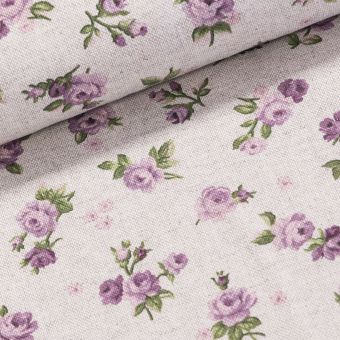 Směsové plátno 16549-M301, fialové růžičky na režné, š.140cm (látka v metráži)