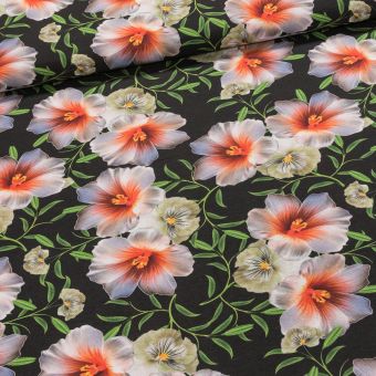 Směsové plátno 2021-46, oranžový ibišek na černé, š.140cm (látka v metráži)