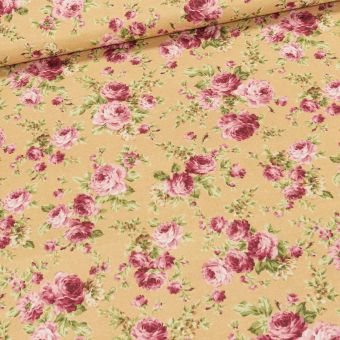 Směsové plátno 303030 CATALINA, růžové růže na béžové, š.140cm (látka v metráži)