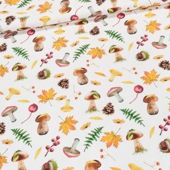 Směsové plátno 513032/5785, oranžový podzim s hříbky, š.140cm (látka v metráži)