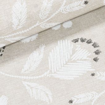 Směsové plátno ADA BÉŽOVÁ, bílé květiny, š.140cm (látka v metráži)