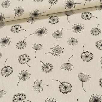 Směsové plátno CALIPSO BLOOM, černé chmýří pampelišky na režné, š.140cm (látka v metráži)