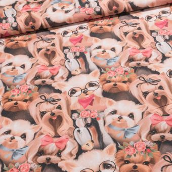 Směsové plátno DOGIES, pejsci, béžová, š.140cm (látka v metráži)