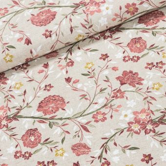 Směsové plátno EVA ČERVENÁ, květy na režné, š.140cm (látka v metráži)