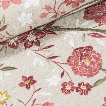 Směsové plátno EVA ČERVENÁ, květy na režné, š.140cm (látka v metráži)