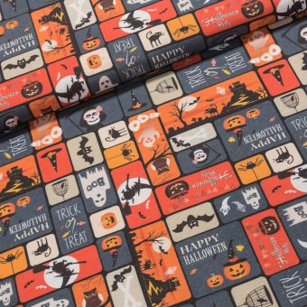 Směsové plátno HALLOWEN, oranžovo-šedá, š.140cm (látka v metráži)