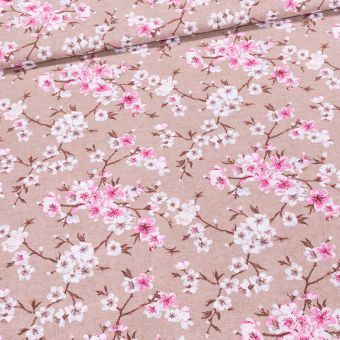 Směsové plátno LONETA, višňové růžové květy na béžové, š.140cm (látka v metráži)
