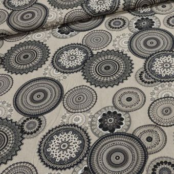 Směsové plátno MANDALA 835650, černé mandaly na šedé, š.140cm (látka v metráži)