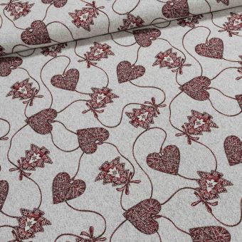 Směsové plátno vánoční 11 ROJO,  vínové srdíčka a stromečky, lurex, š.160cm (látka v metráži)