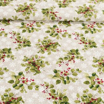 Směsové plátno vánoční CH25-006, mahonka na režném podkladu s vločkami, zelená, š.140cm (látka v metráži)
