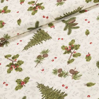 Směsové plátno vánoční CH25-008, stromeček a mahonka na smetanovém podkladu s větvičkami, zelená, š.140cm (látka v metráži)