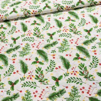 Směsové plátno vánoční DAGO větvičky na bílé, š.140cm (látka v metráži)