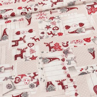 Směsové plátno vánoční DECORA NAVIDAD, skřítci na béžovém dřevě, š.140cm (látka v metráži)