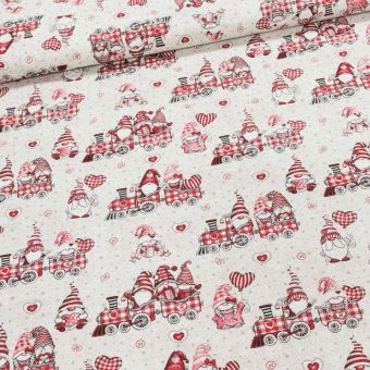 Směsové plátno vánoční EXPRES BÉŽOVÝ, červení skřítci ve vláčku, š.140cm (látka v metráži)