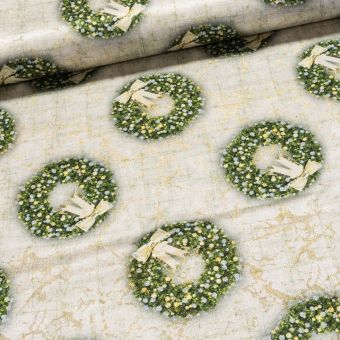 Směsové plátno vánoční GOLD 22383-1001, zelené věnečky, zlatý lurex, š.150cm (látka v metráži)