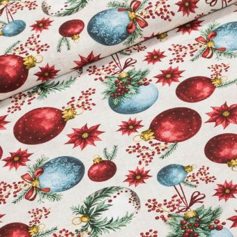 Směsové plátno vánoční LONETA 803030 CLARSE, červené a modré baňky na režné, š.140cm (látka v metráži)