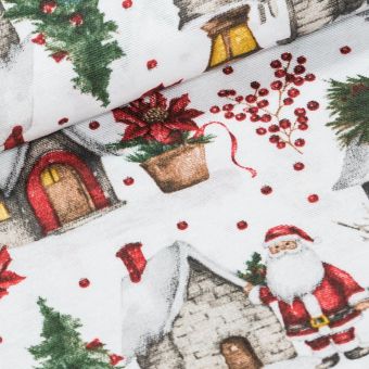 Směsové plátno vánoční LONETA 803030 UNICO, domečky na bílé, š.140cm (látka v metráži)