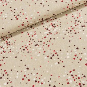Směsové plátno vánoční PORDOI 10, červené, bílé a vínové hvězdičky na béžové, š.140cm (látka v metráži)