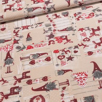 Směsové plátno vánoční SKŘÍTCI sobi a skřítci na béžové, červená, š.140cm (látka v metráži)