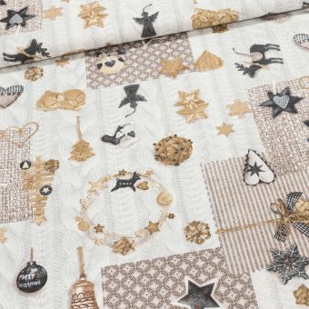 Směsové plátno vánoční VADA BÉŽOVÁ, vánoční motiv na pletenině, š.140cm (látka v metráži)