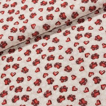 Směsové plátno vánoční VIXEN červená srdíčka na béžové s vločkami, š.140cm (látka v metráži)