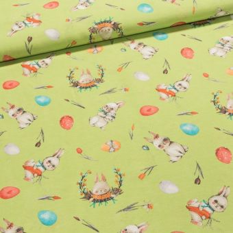 Směsové plátno velikonoční 2023-E7B zajíček na zelené, š.140cm (látka v metráži)