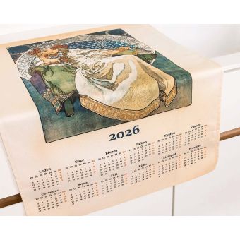 Textilní kalendář, utěrka ALFONS MUCHA 2026, béžová panna, 50x70cm, bez hůlky