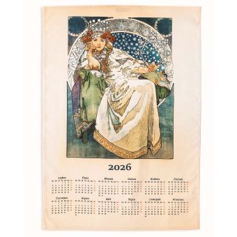 Textilní kalendář, utěrka ALFONS MUCHA 2026, béžová panna, 50x70cm, bez hůlky