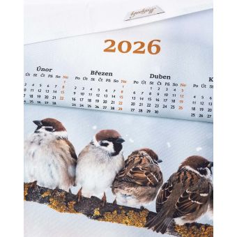 Textilní kalendář, utěrka VRABČÁCI 2026, světle šedý, 50x70cm, bez hůlky