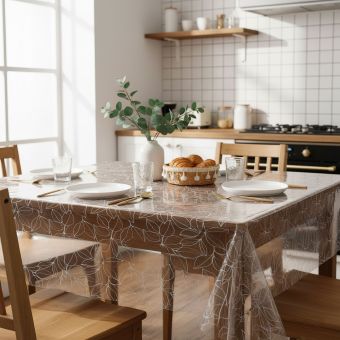 Ubrus PVC průhledný A42/07, bílé listy, š.140cm (metráž)