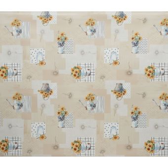 Ubrus PVC s textilním podkladem 1247-1, slunečnice v konvičce, béžová, š.140cm (metráž)